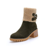 Women's thick heel leather buckle warm boots - Libiyi