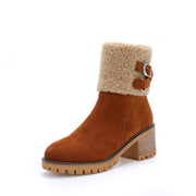 Women's thick heel leather buckle warm boots - Libiyi