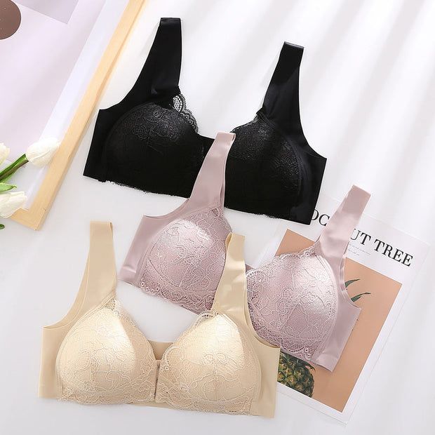 Women's Plus Size Lace Wide Straps Wireless Bra Front Closure Push Up Bras - Keillini