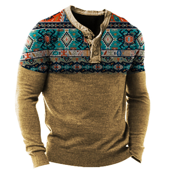 Men's Outdoor Western Ethnic Pattern Tactical Henry Collar T-shirt