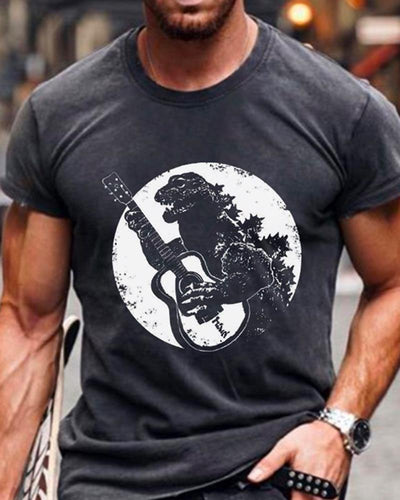 Casual Fun Dinosaur Guitar Print T-shirt