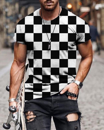 Men's Casual Black-white Plaid T-shirt