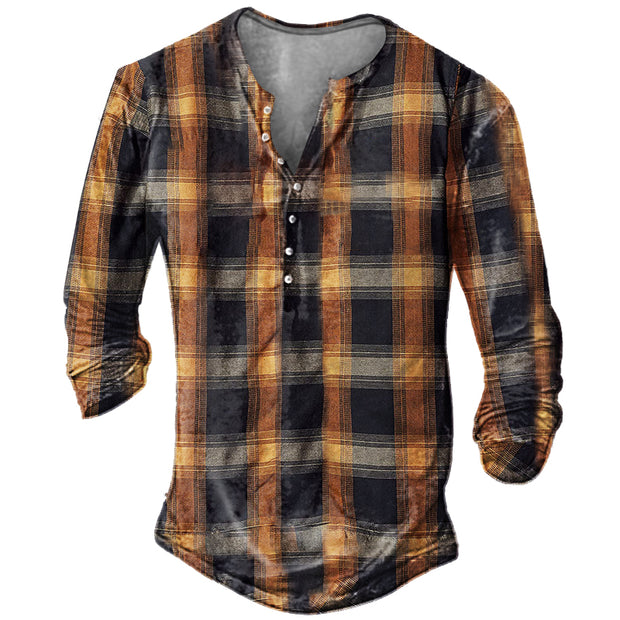 Men's Outdoor Plaid Print Henley T-shirt