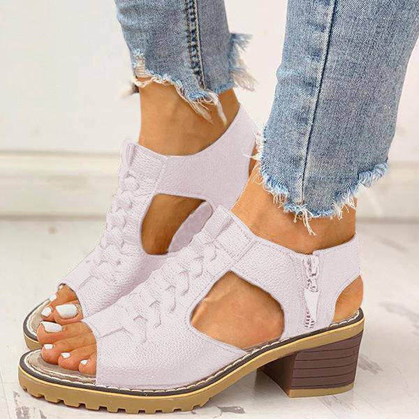 Libiyi Peep Toe Cutout Zipper Chunky Heeled Sandals - Libiyi