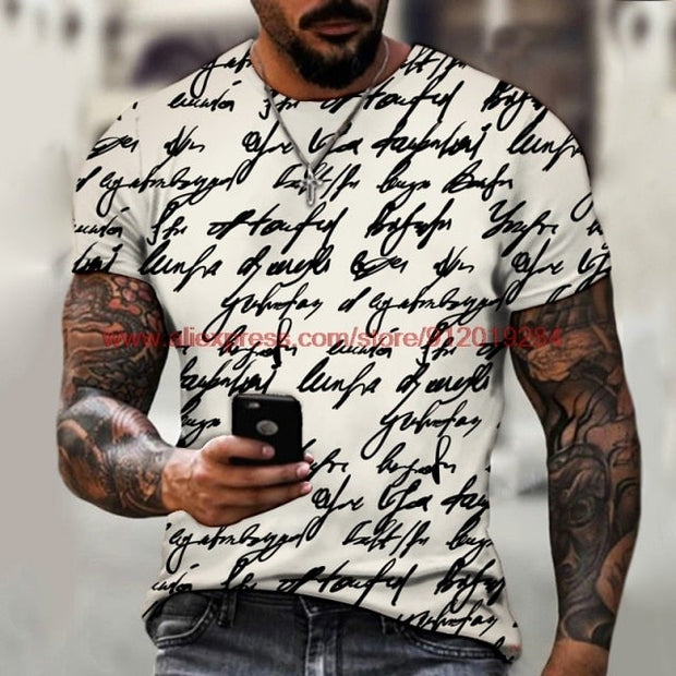 Hand painted letter print Street trend T-shirt men's summer round neck short sleeve T-shirt