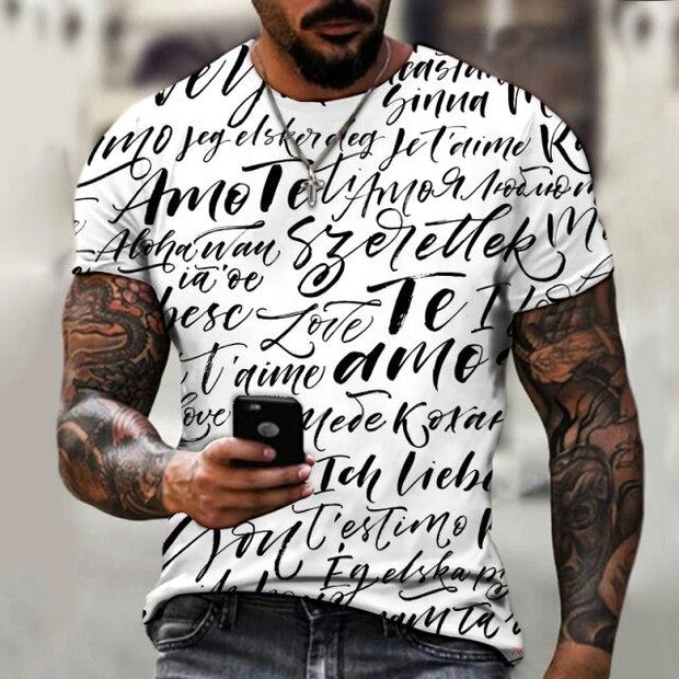 Hand painted letter print Street trend T-shirt men's summer round neck short sleeve T-shirt